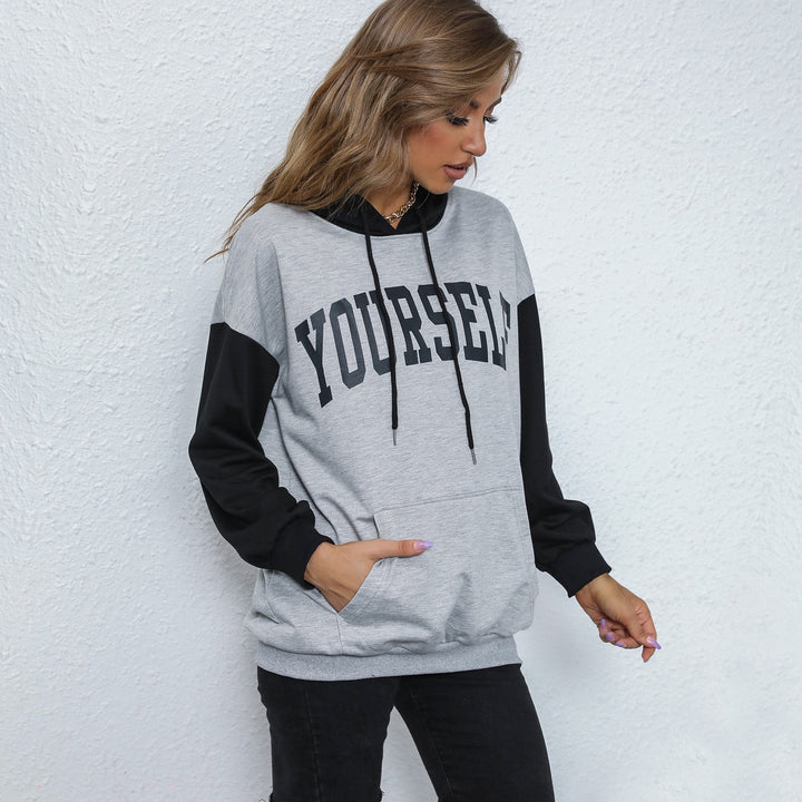 Women's Oversized Hoodie with College Print, Kangaroo Pocket and Contrast Sleeves Mune Fashion