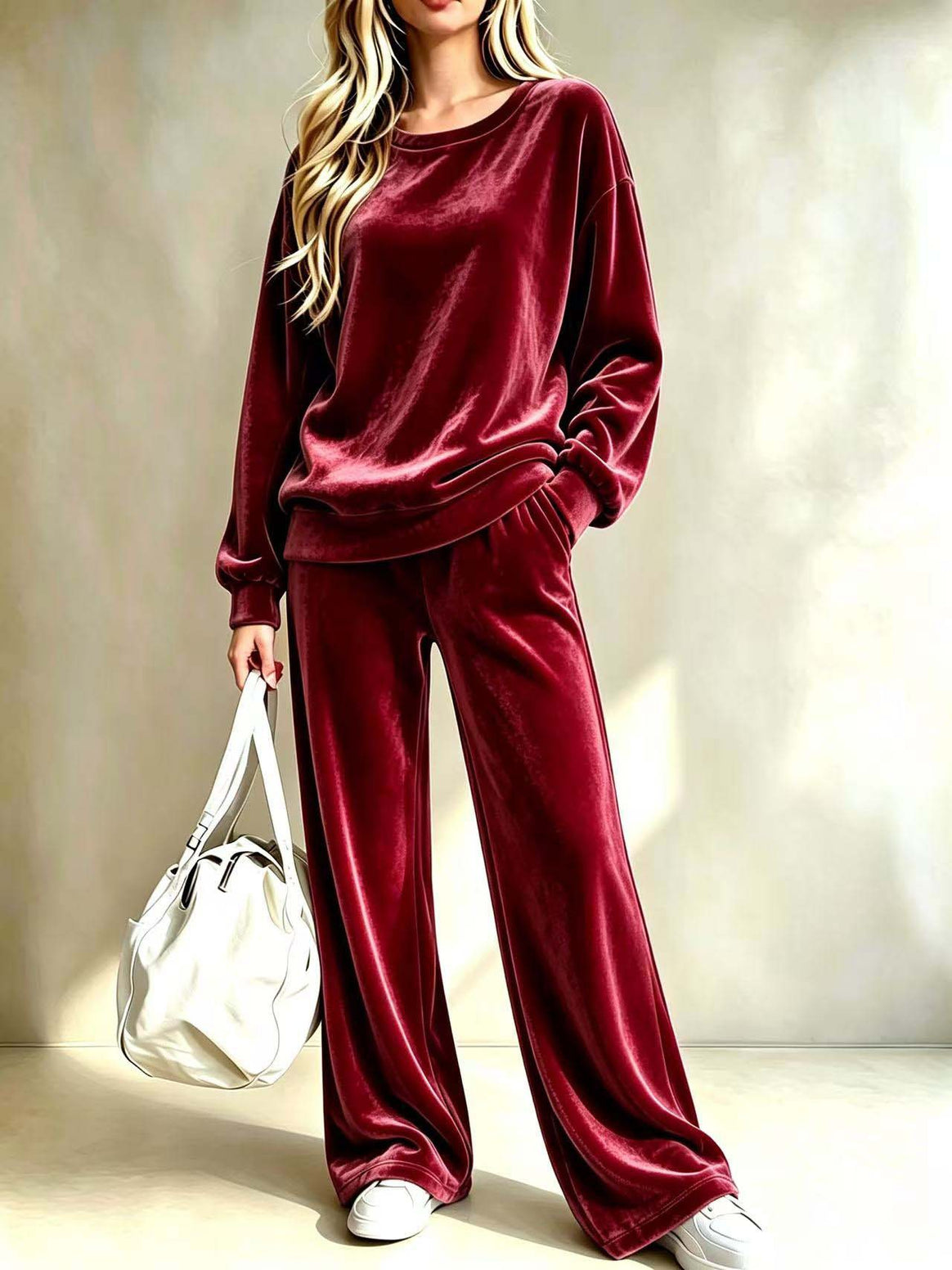 Women's Soft Velour Loungewear Set with Wide Leg and Round Neck Mune Fashion