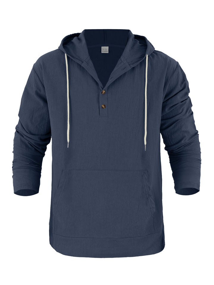 Men's Lightweight Hooded Henley Made of Cotton-Linen with Kangaroo Pocket Mune Fashion