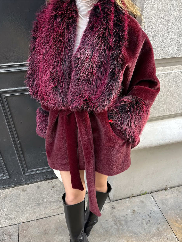 Women's Short Faux Fur Coat with Voluminous Shawl Collar, Waist Belt, and Fur Cuffs Mune Fashion