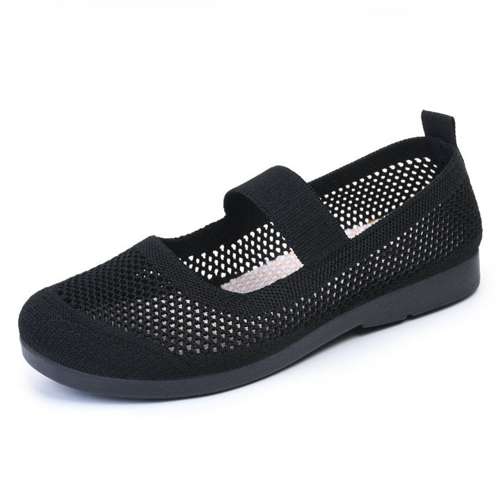 Ladies knitted Mary-Jane comfort ballerina with breathable open knit, elastic strap and cushioning lightweight sole Mune Fashion