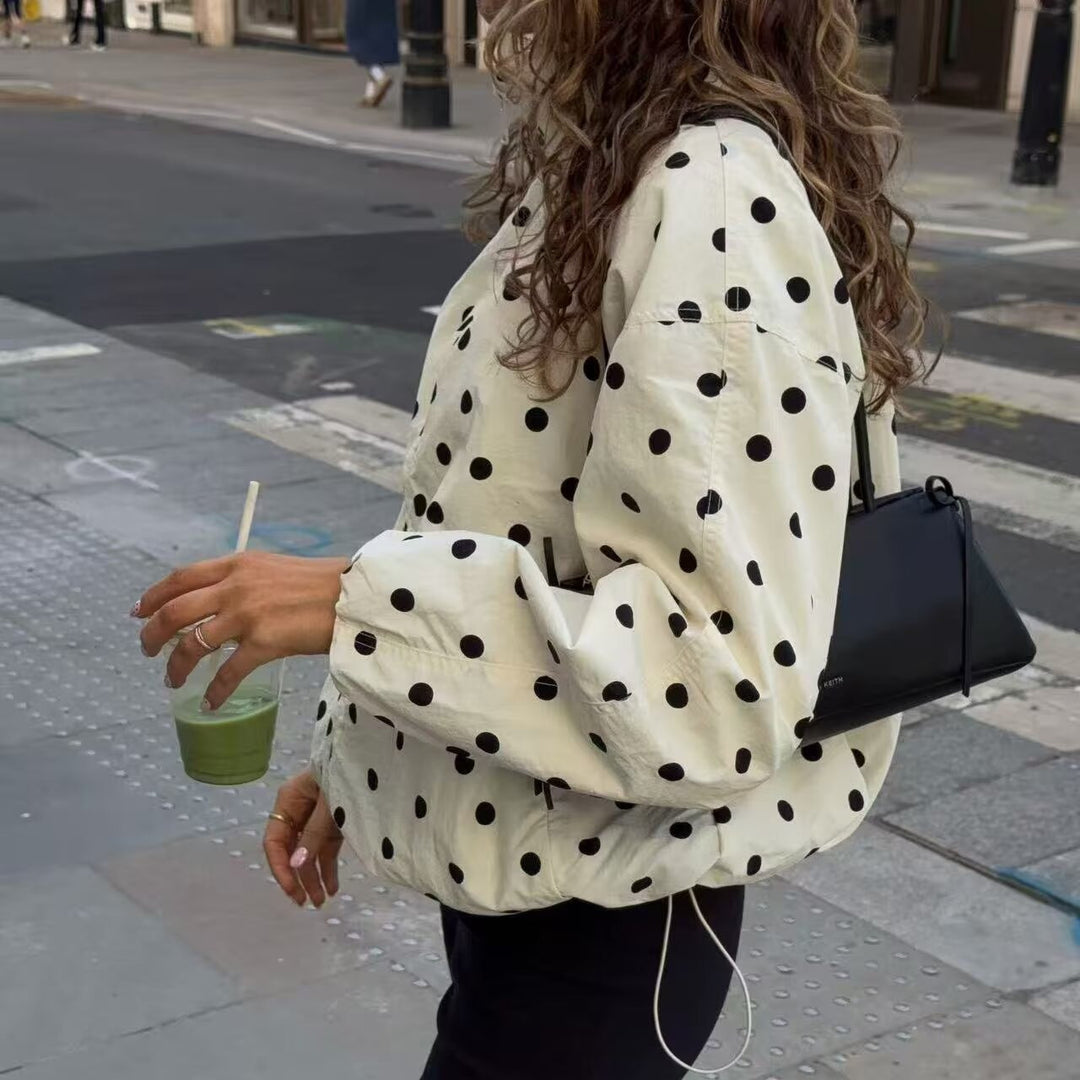 Women's Polka Dot Cropped Transition Jacket with Stand Collar, Drawstring, and Zipper Mune Fashion