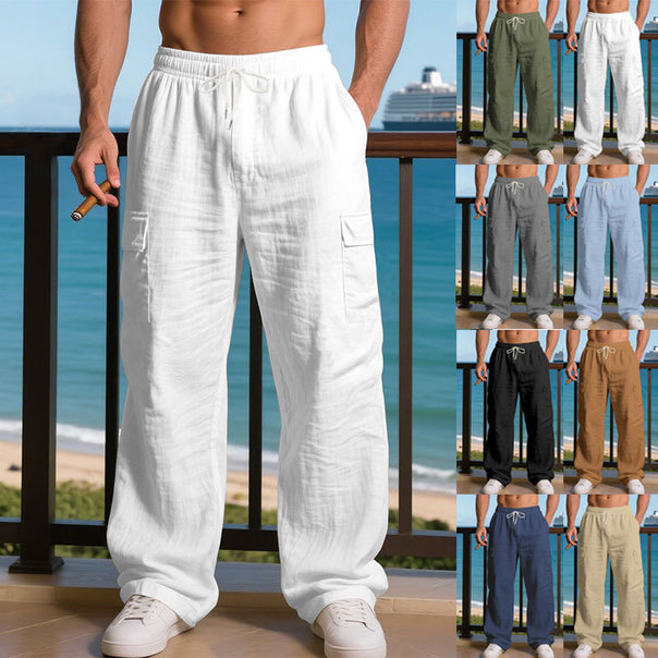 Men's Loose Linen Cargo Casual Pants with Drawstring Waist and Side Patch Pockets Mune Fashion