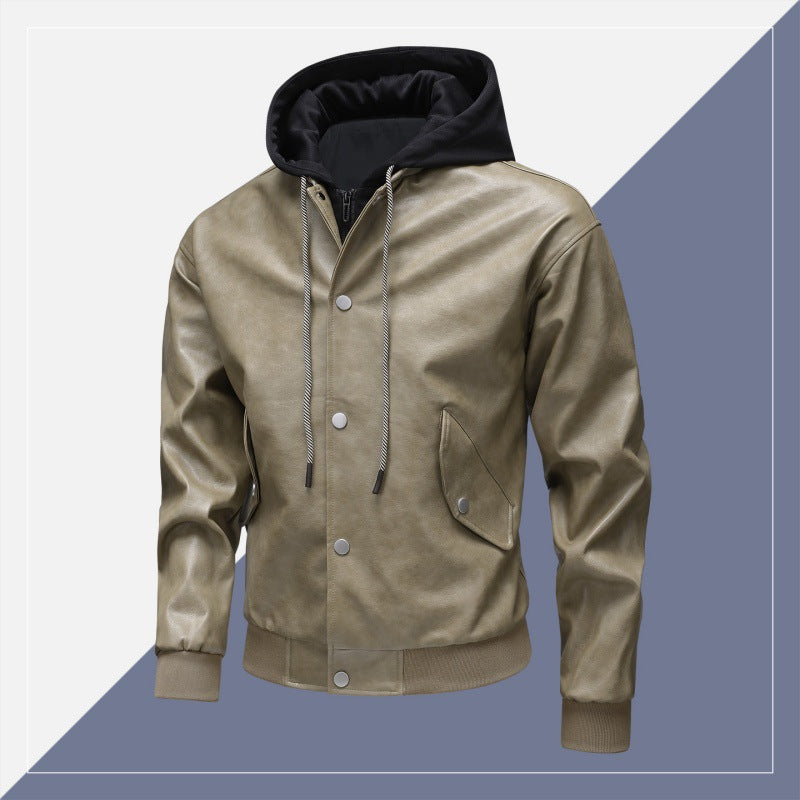 Men's leather bomber jacket with integrated hood insert and ribbed cuffs Mune Fashion