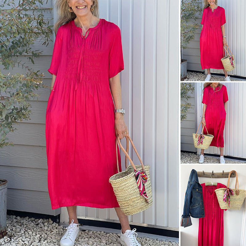 Women's casual midi dress with gathered bust panel, delicate slip collar, tie belt, and side pockets Mune Fashion