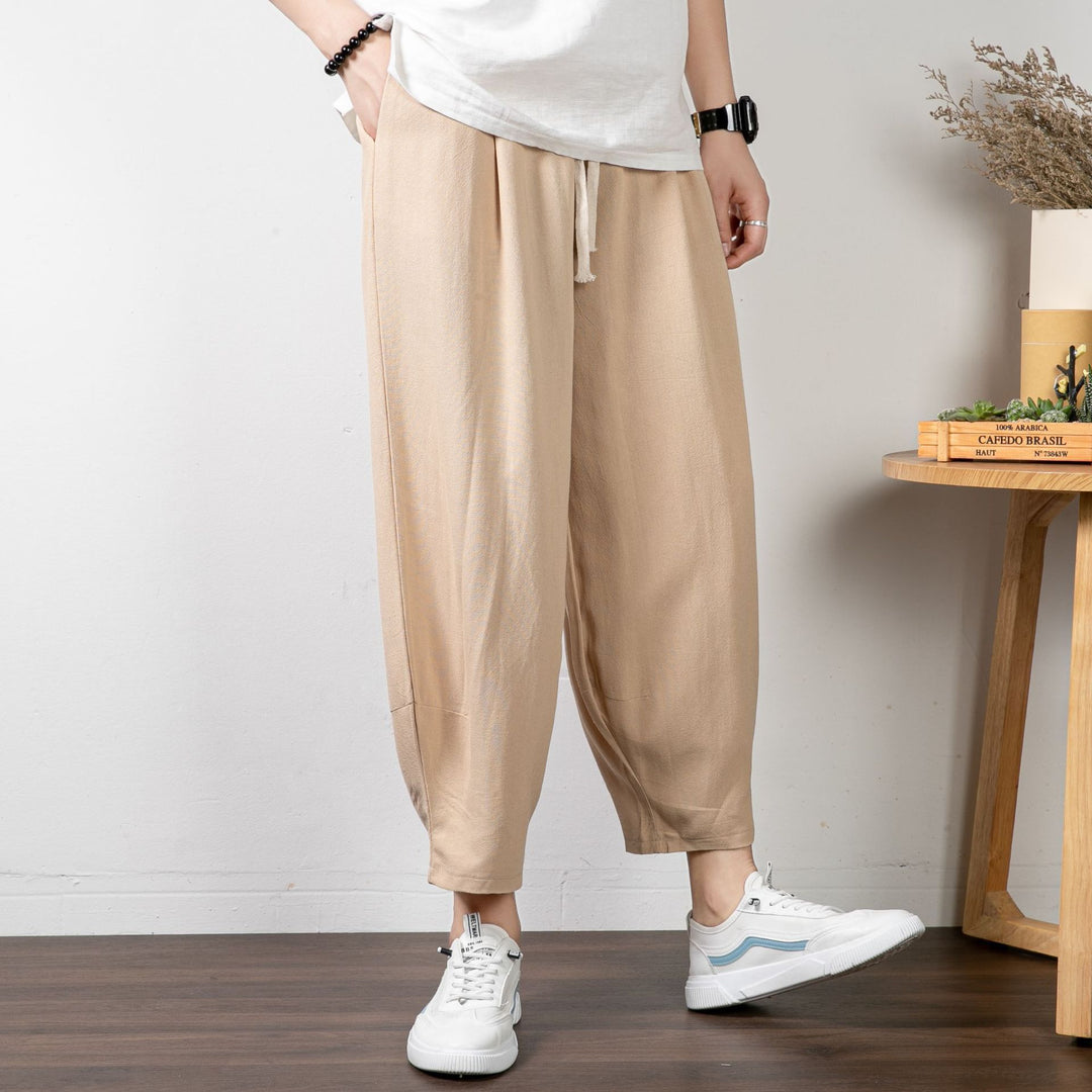 Men's Casual Cropped Harem Pants made of Cotton Blend with Drawstring and Ribbed Ankle Cuffs Mune Fashion