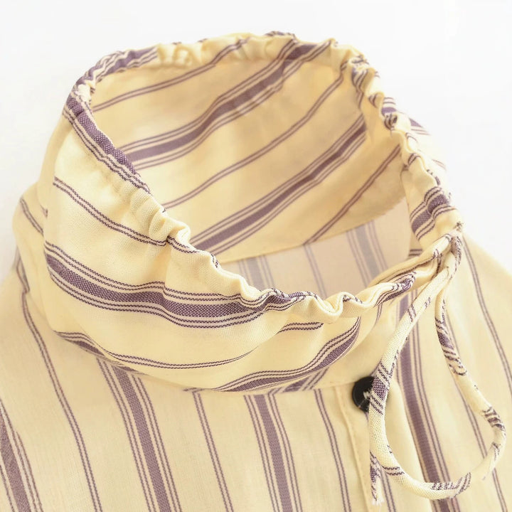 Women Striped Blouse Jacket with Ruffle Collar, Drawstring and Balloon Sleeves Drune