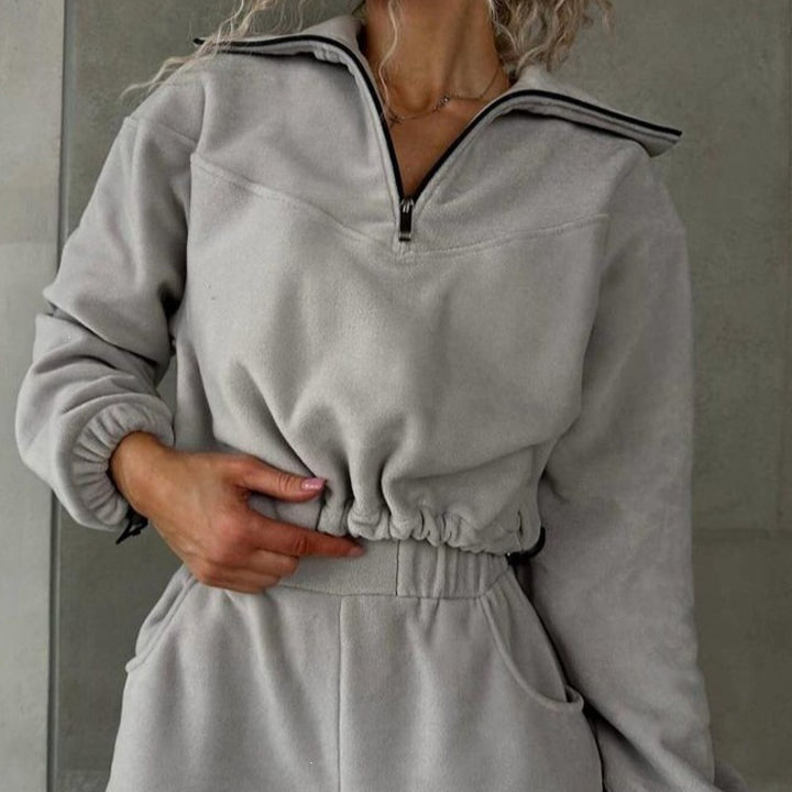 Women's Fleece Cropped Sweatshirt with Half Zip and Drawstring Mune Fashion