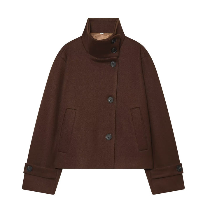 Women Short Cut Wool Coat with High Stand-Up Collar and Buttoned Cuffs Drune