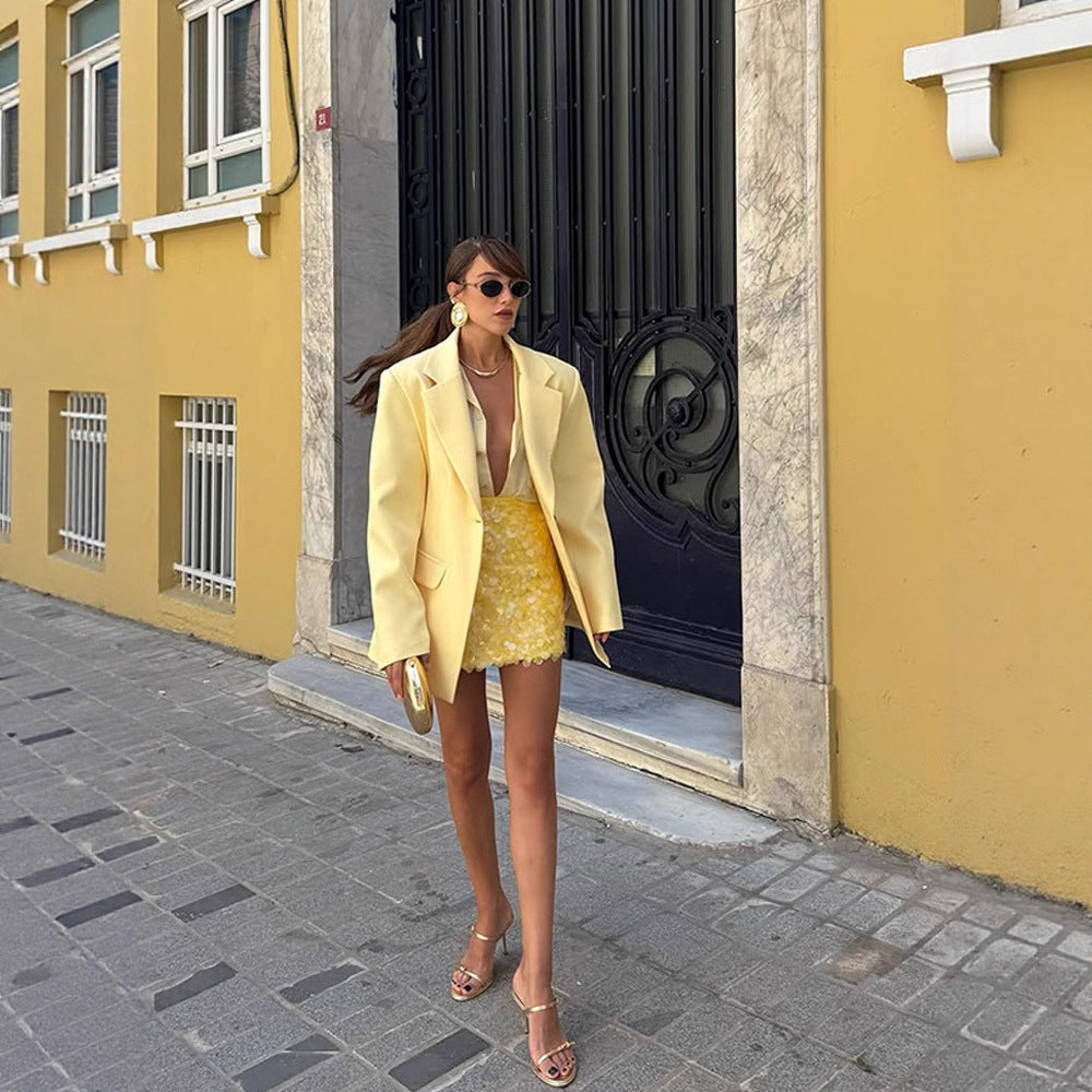 Women's Two-Piece Blazer Set with Oversized Jacket and 3D Flower Mini Skirt Mune Fashion