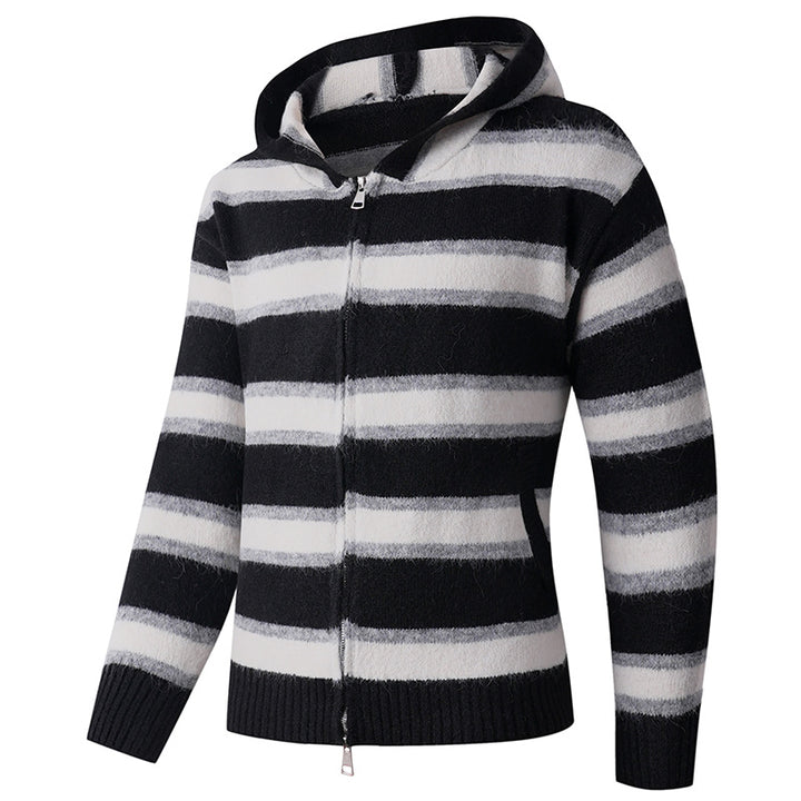 Men's Fluffy Hooded Cardigan with Double Zipper, Ribbed Cuffs and Horizontal Striped Pattern Mune Fashion