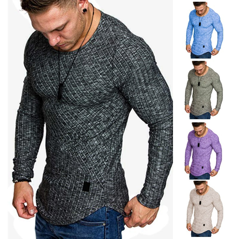 Men's Fitted Textured Knit Long Sleeve Sweater with Round Neck Mune Fashion