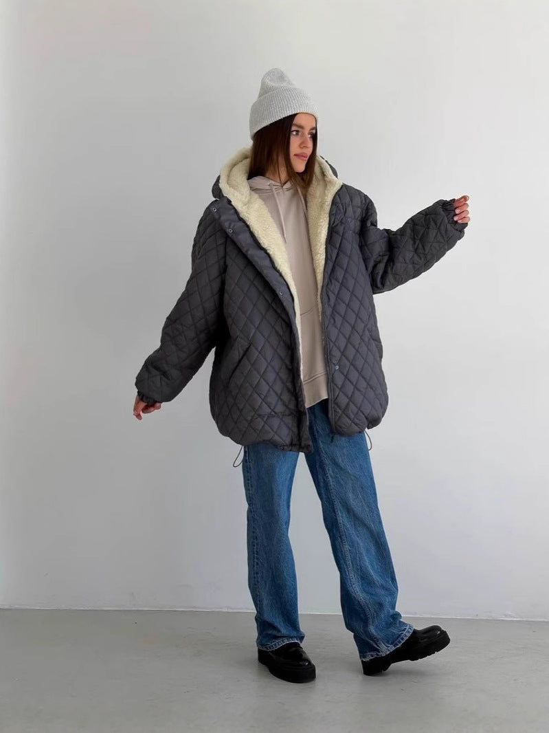 Women's Oversize Quilted Jacket with Teddy Lining and Hood Mune Fashion