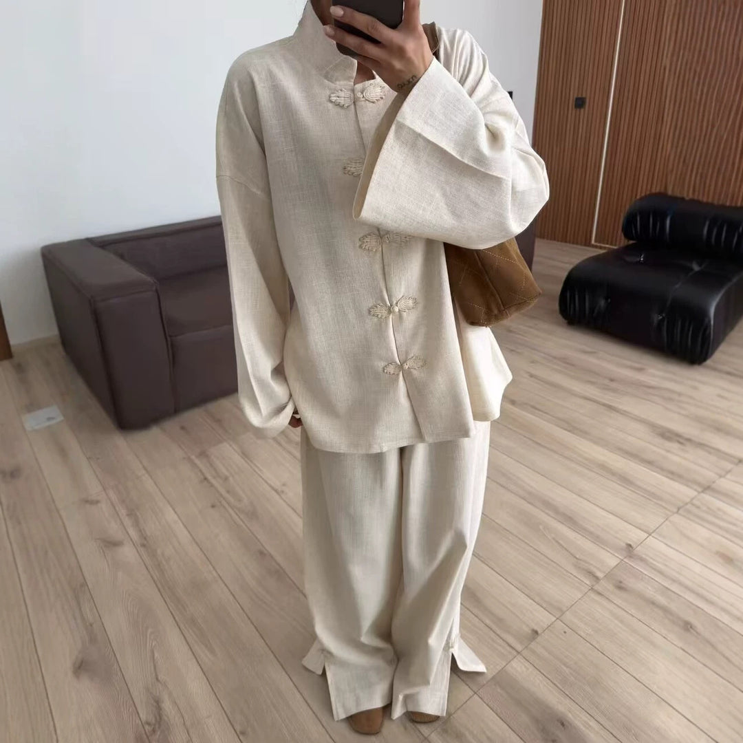 Ladies Two-Piece Linen Look Set with Mandarin Collar and Chinese Knot Closures Mune Fashion