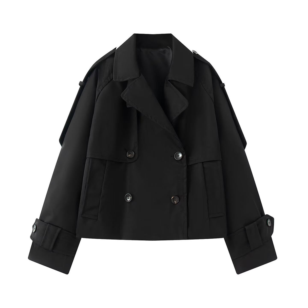 Women Short Cut Cropped Trench Coat with Double-Breasted Button Closure and Epaulets Mune Fashion