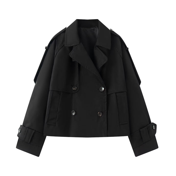 Women Short Cut Cropped Trench Coat with Double-Breasted Button Closure and Epaulets Mune Fashion