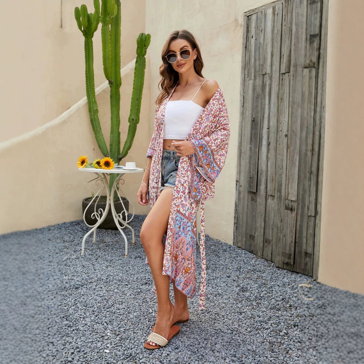 Women's Short Boho Kimono Bathrobe with Tie Belt and Wide Kimono Sleeves Mune Fashion