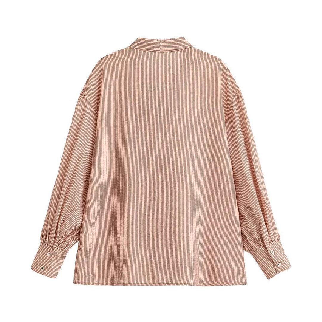 Women's Striped Pullover Blouse with Bow Collar, Balloon Sleeves and Cuffs Mune Fashion