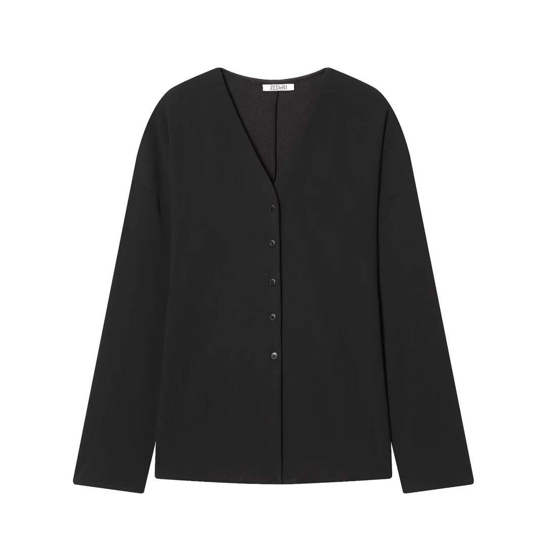 Women Boxy Button Placket Blouse with V-Neck and Casual Oversized Fit Mune Fashion