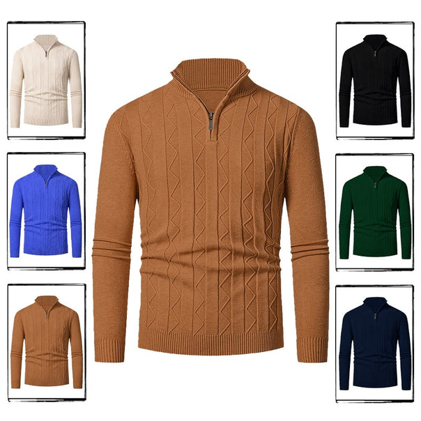 Men's fine knit half-zip sweater with cable pattern and stand-up collar Mune Fashion