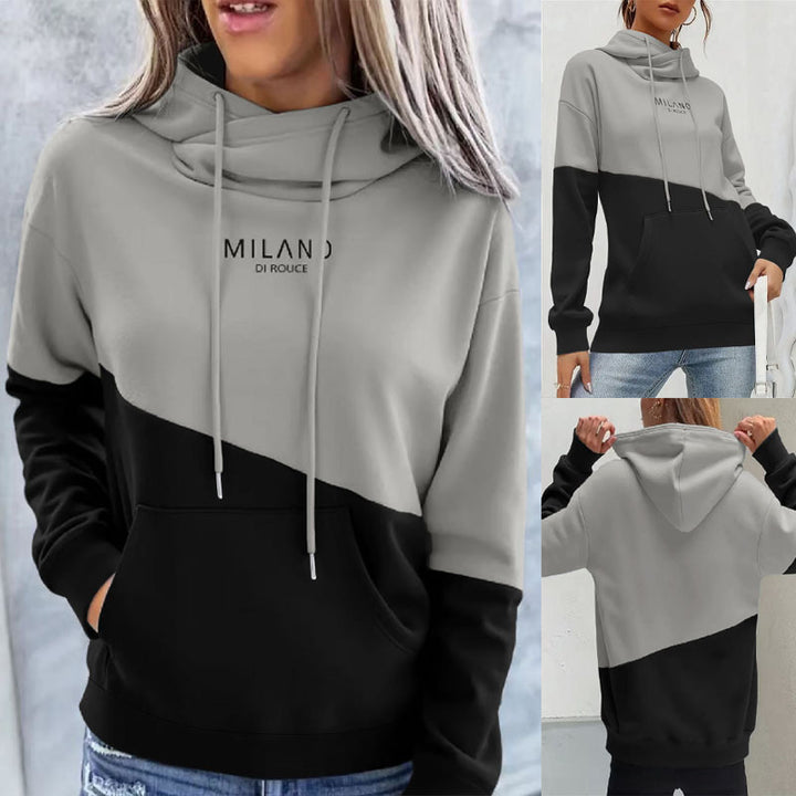 Women Colorblock Hoodie with Cowl Neck, Kangaroo Pocket and Drop Shoulder Mune Fashion