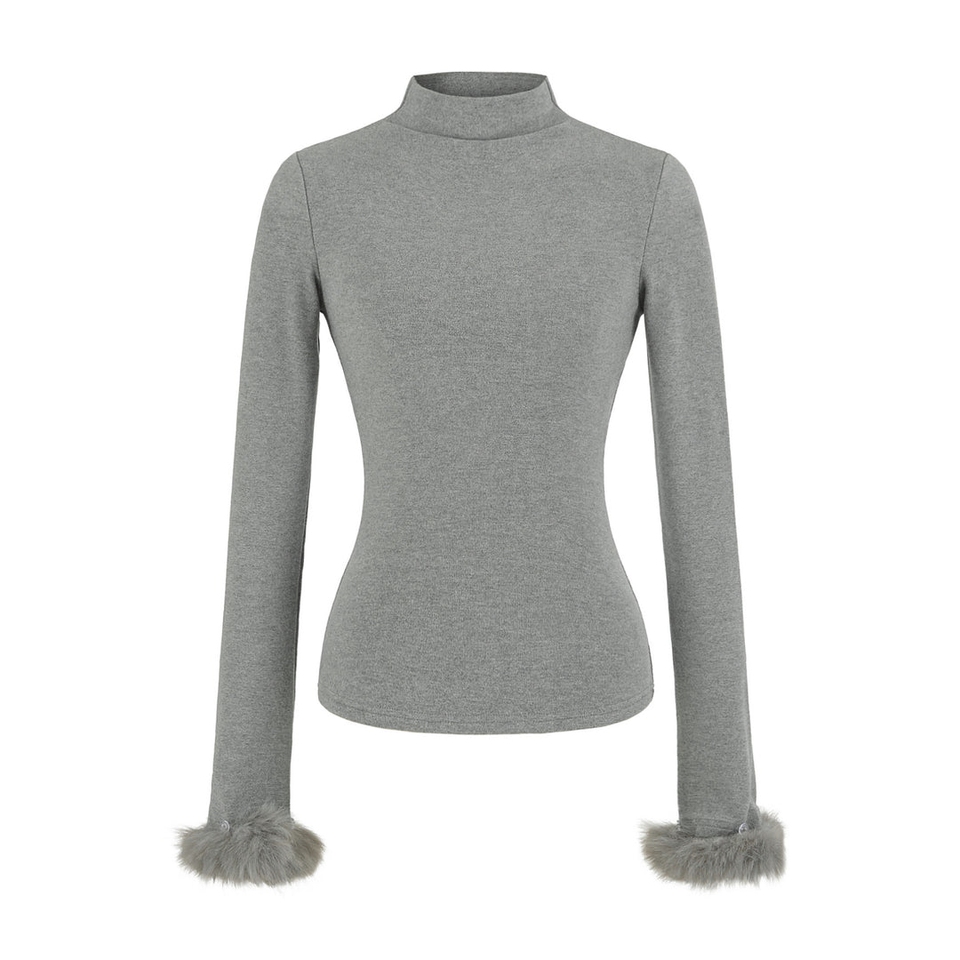 Women's Fitted Turtleneck Top with Faux Fur Cuffs Mune Fashion