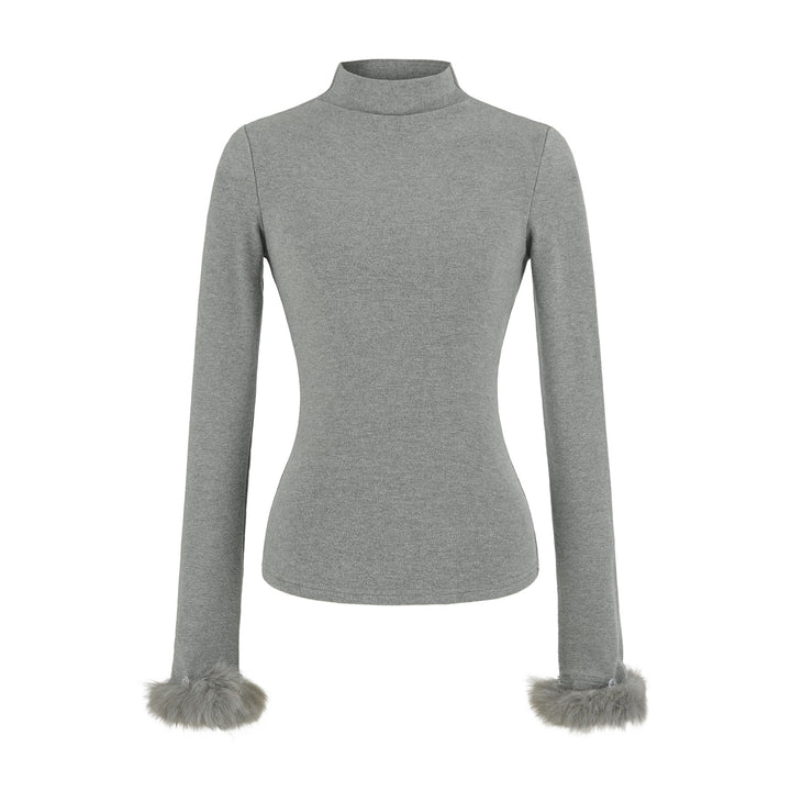Women's Fitted Turtleneck Top with Faux Fur Cuffs Mune Fashion