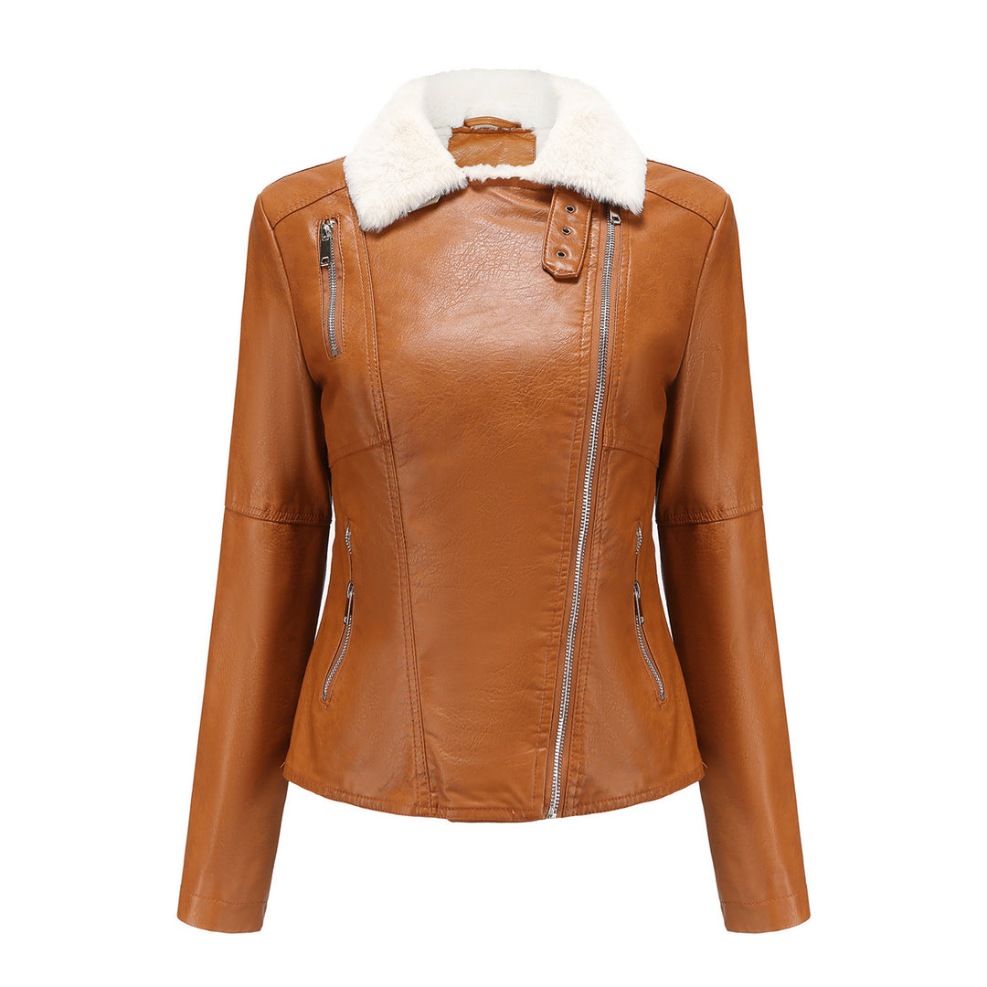 Women's fitted faux leather biker jacket with detachable faux fur collar and diagonal zipper Mune Fashion