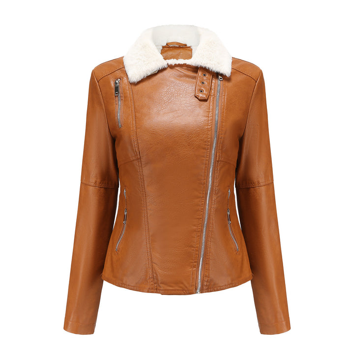 Women's fitted faux leather biker jacket with detachable faux fur collar and diagonal zipper Mune Fashion