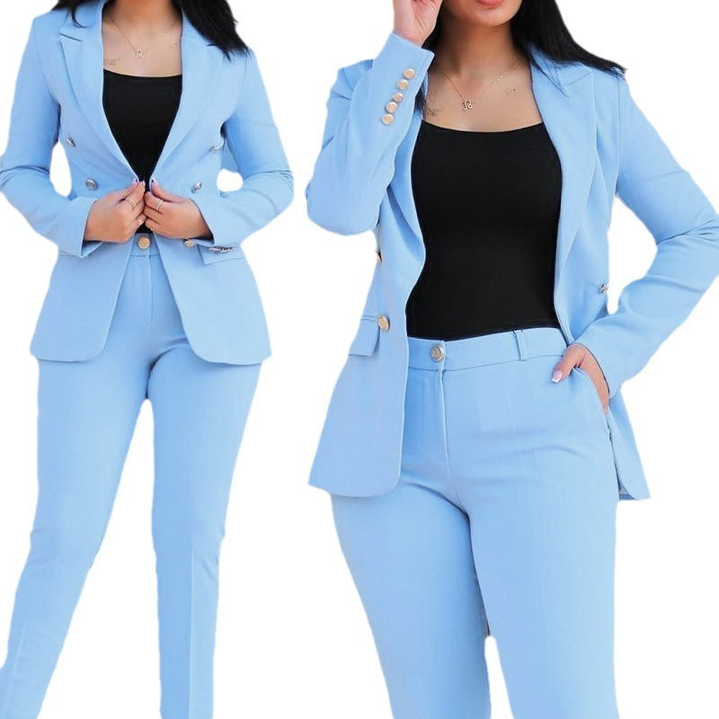 Women's tailored business pantsuit set with double-breasted blazer and tapered waistband pants Mune Fashion