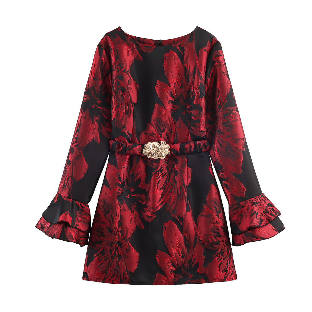 Women's festive A-line mini dress with jacquard structure, voluminous ruffle sleeves and decorative belt Mune Fashion
