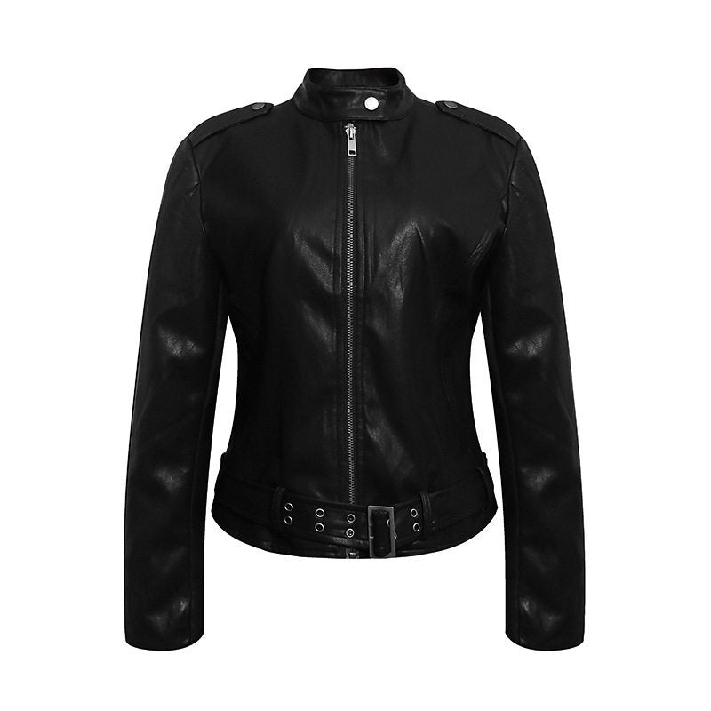 Women's Fitted Leather-Look Jacket with Stand-Up Collar, Epaulettes, and Waist Belt Mune Fashion