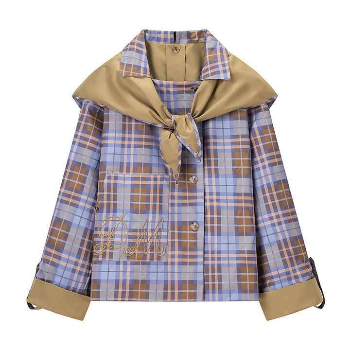 Women’s short jacket with check collar, tie scarf, and monogram pocket Mune Fashion
