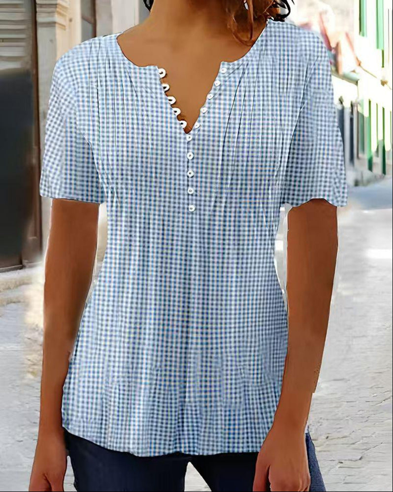 Ladies' lightweight checked blouse with V-neck, decorative button placket and tiered ruffle Mune Fashion