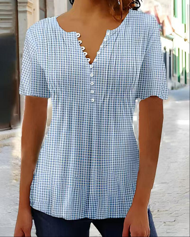 Ladies' lightweight checked blouse with V-neck, decorative button placket and tiered ruffle Mune Fashion