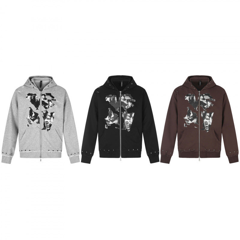 [Men] Hooded sweatshirt jacket with full zip, vintage print and studded details Mune Fashion