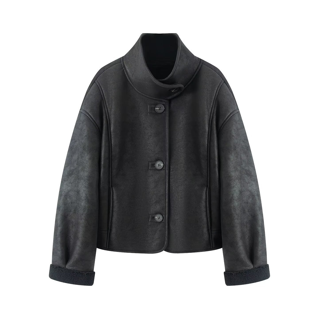 Women's Short Lambskin-Look Jacket with Stand-up Collar and Button Placket Mune Fashion