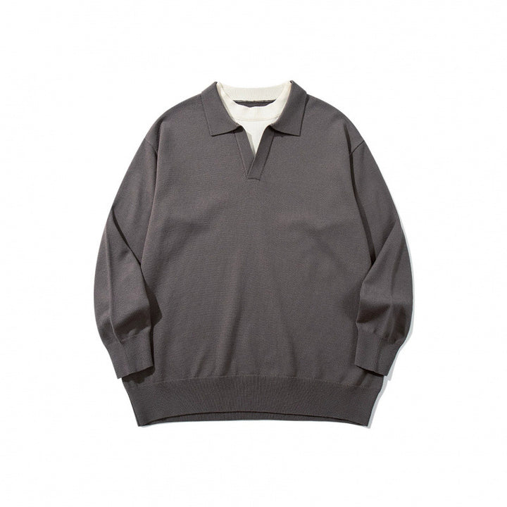 Unisex Oversize fine knit pullover with open Henley neckline and contrasting inner collar Mune Fashion