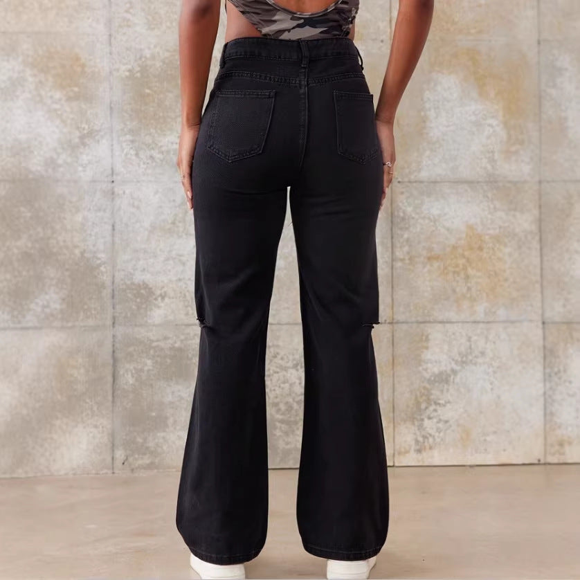 Ladies High-Waist Straight Jeans with wide leg, knee rip and textured denim look Mune Fashion