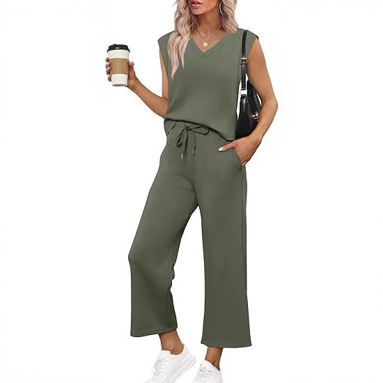 Women Casual Two-Piece Lounge Set with Sleeveless V-Neck Top and Wide Drawstring Pants Mune Fashion