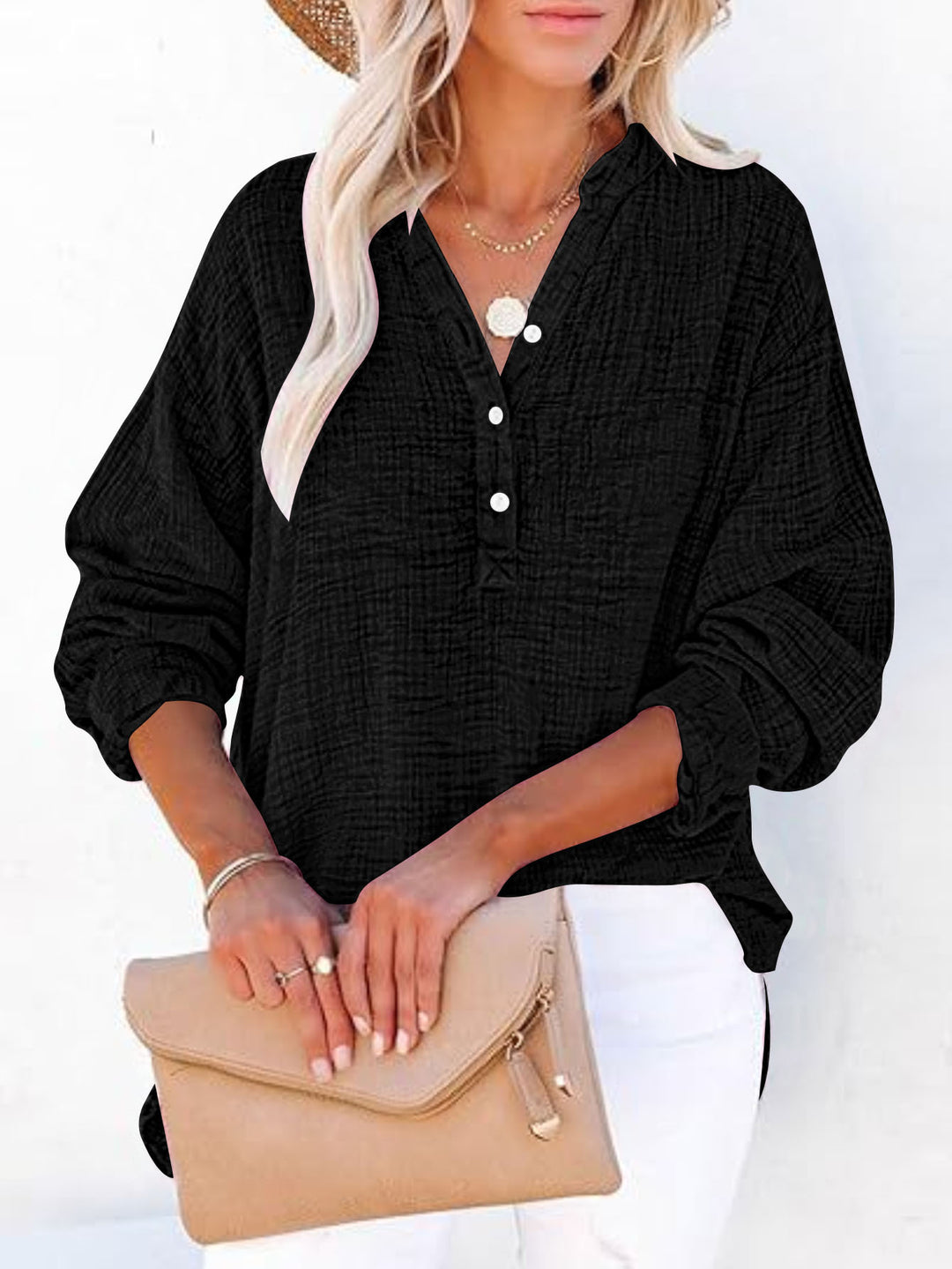 Women Oversize Textured Cotton Blouse with Henley Button Placket Mune Fashion