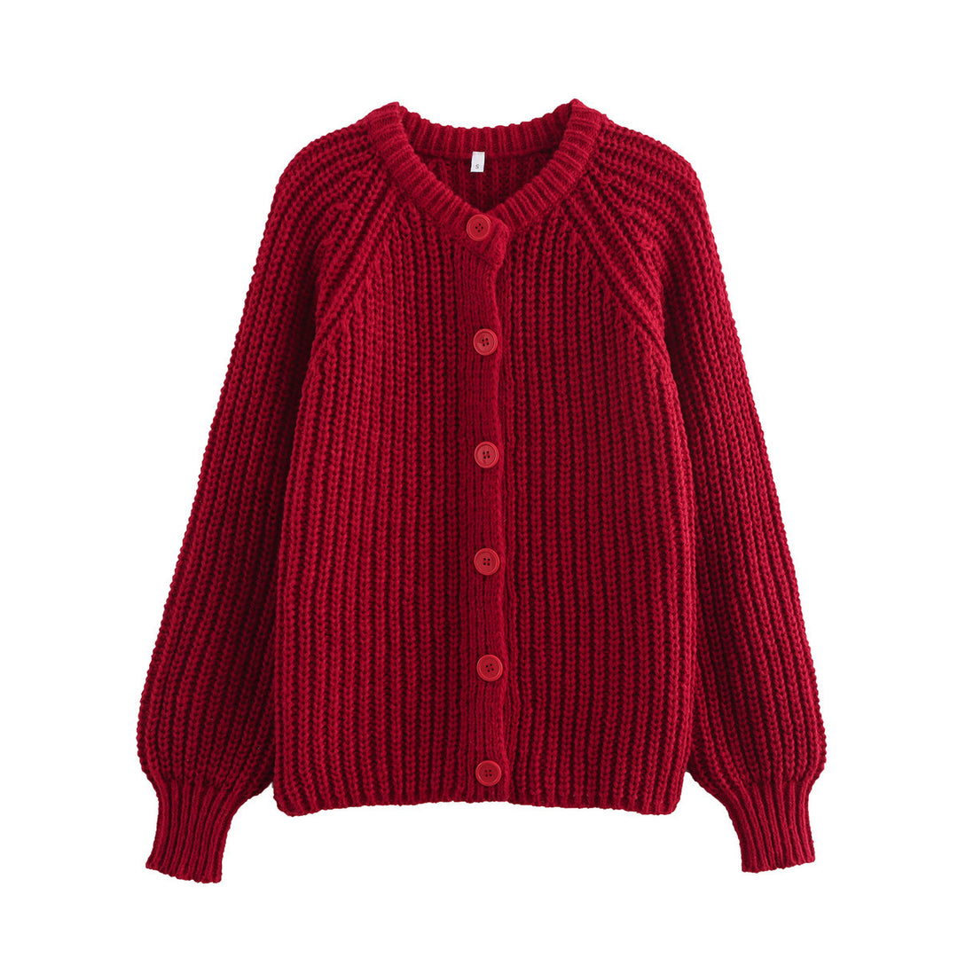 Women chunky knitted raglan cardigan with balloon sleeves and full button placket Mune Fashion