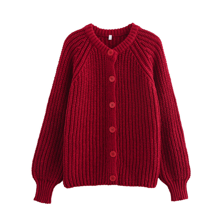 Women chunky knitted raglan cardigan with balloon sleeves and full button placket Mune Fashion