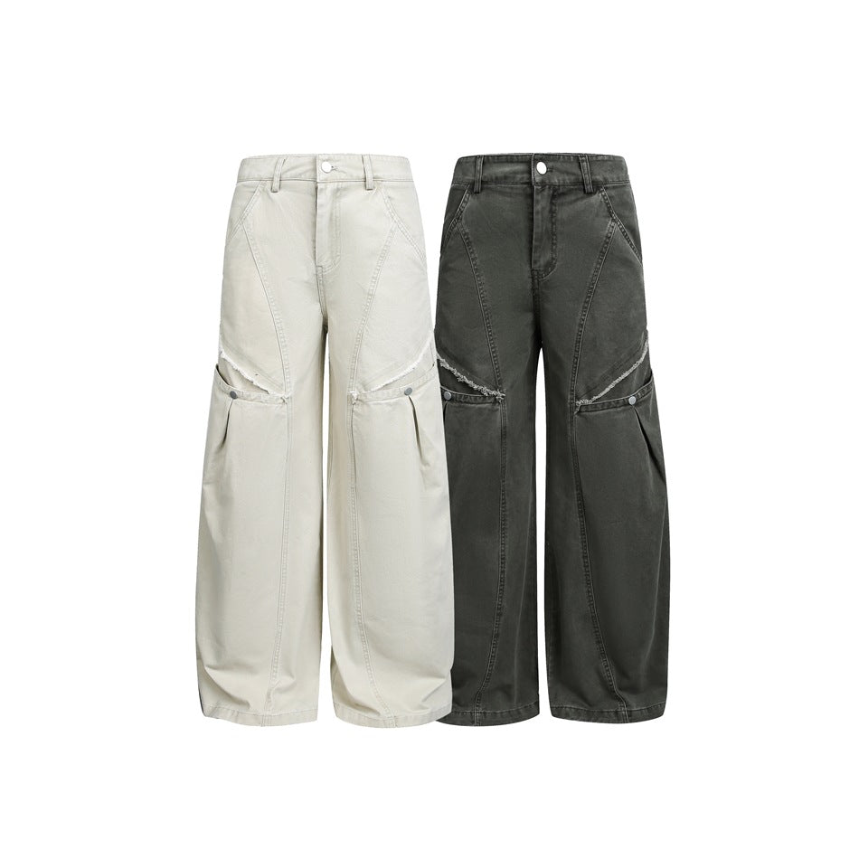 Women's Wide High-Waist Cargo Pants in Vintage Workwear Look with Patch Pockets and Fringe Details Mune Fashion