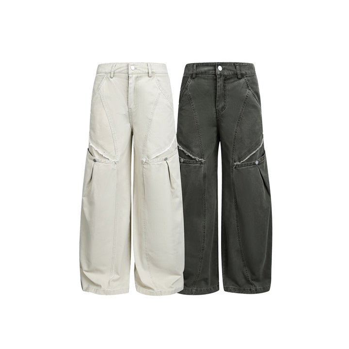 Women's Wide High-Waist Cargo Pants in Vintage Workwear Look with Patch Pockets and Fringe Details Mune Fashion