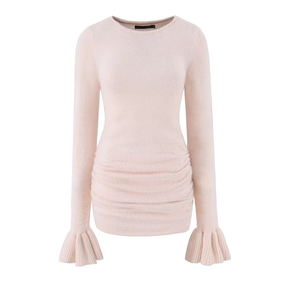 Women's figure-hugging fine knit sweater with gathered waist and flounce sleeves Mune Fashion