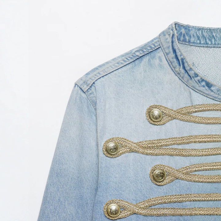 Women's Short Denim Military Jacket with Decorative Cords and Stand-Up Collar Drune