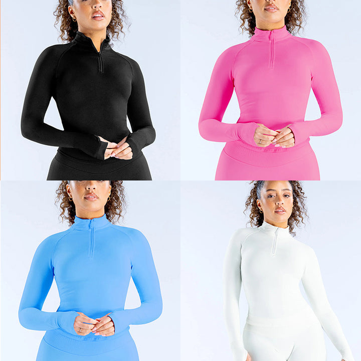 Women's Sporty Zip Neck Long Sleeve Top Mune Fashion