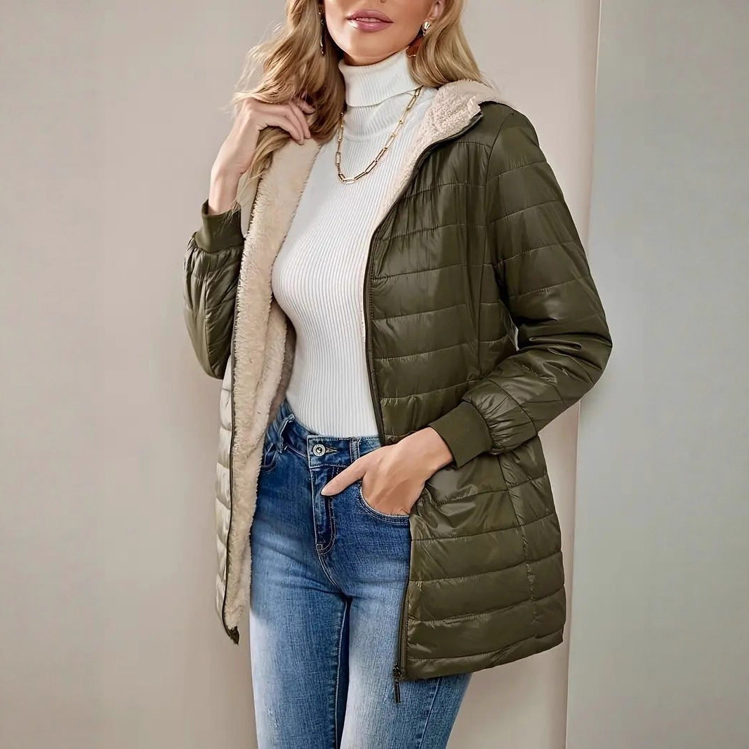 Women Long Padded Coat with Teddy Lining and Hood Mune Fashion