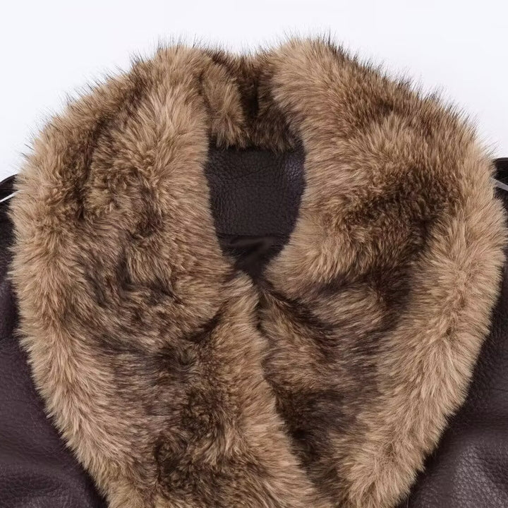 Women's Faux Leather Bomber Jacket with Large Faux Fur Collar Mune Fashion